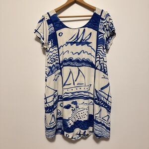 Rare Vtg Jams World Blue Sailboat Dress M Crinkle Rayon Babydoll Womens Hawaiian